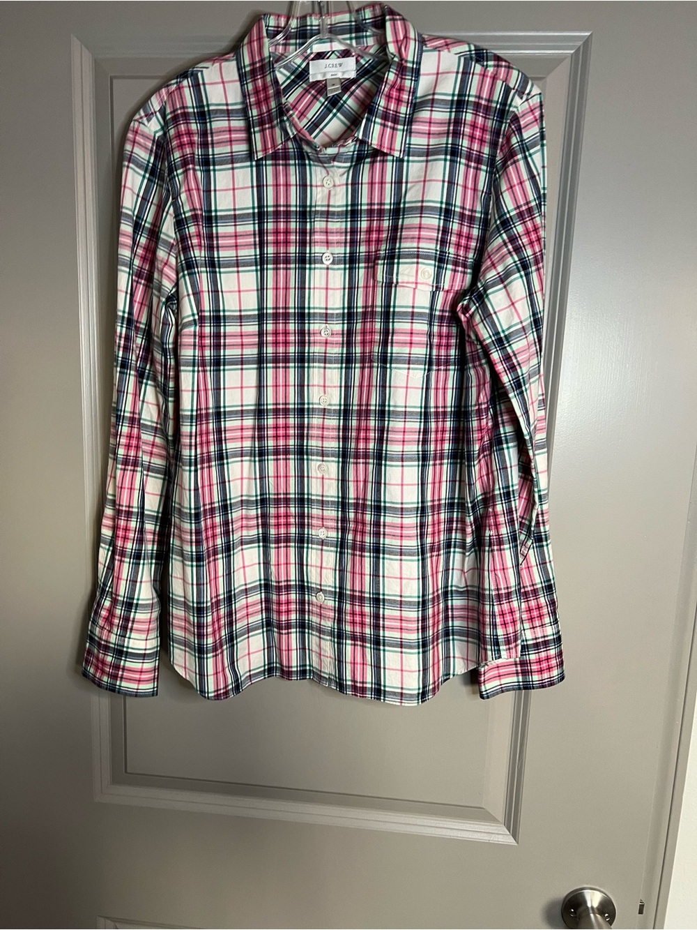 J. Crew Boy Fit Women’s Shirt Mint Strawberry Plaid Button-Up Size 12